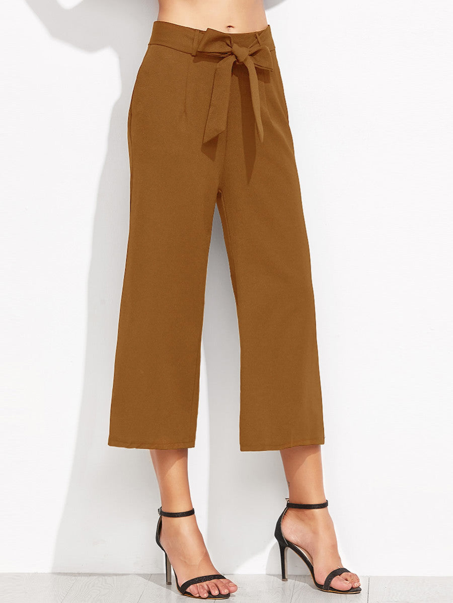Cropped Self Tie Wide Leg Pants