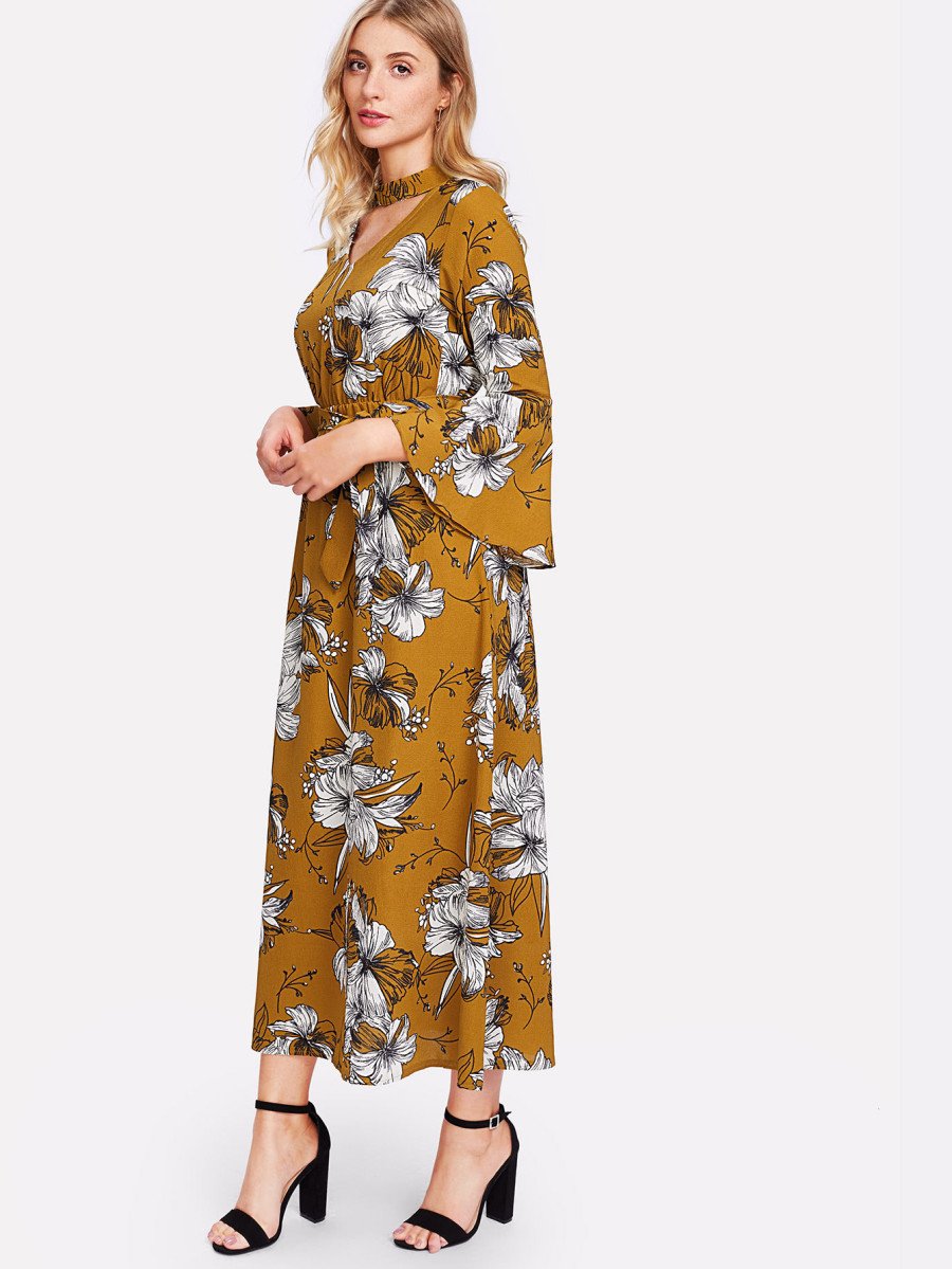 Cut Out Neck Florals Self Tie Dress
