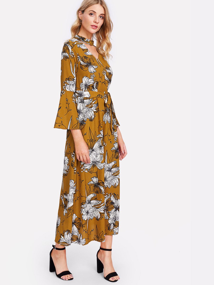 Cut Out Neck Florals Self Tie Dress