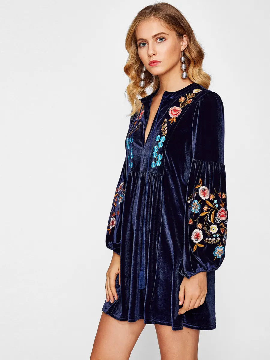 Embroidered Velvet Poof Sleeve Dress