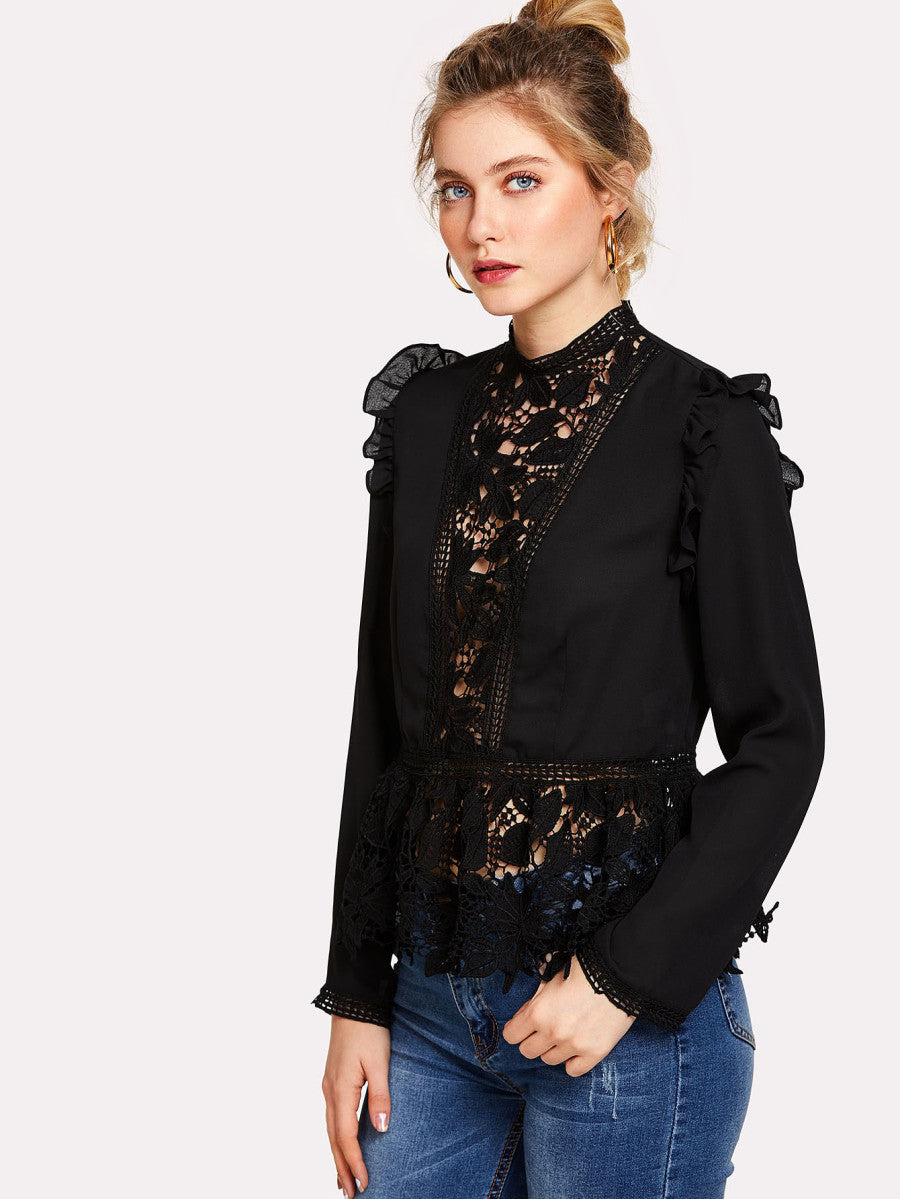 Frilled Shoulder Lace Insert Peplum Top