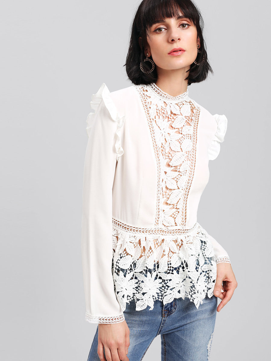 Frilled Shoulder Lace Insert Peplum Top