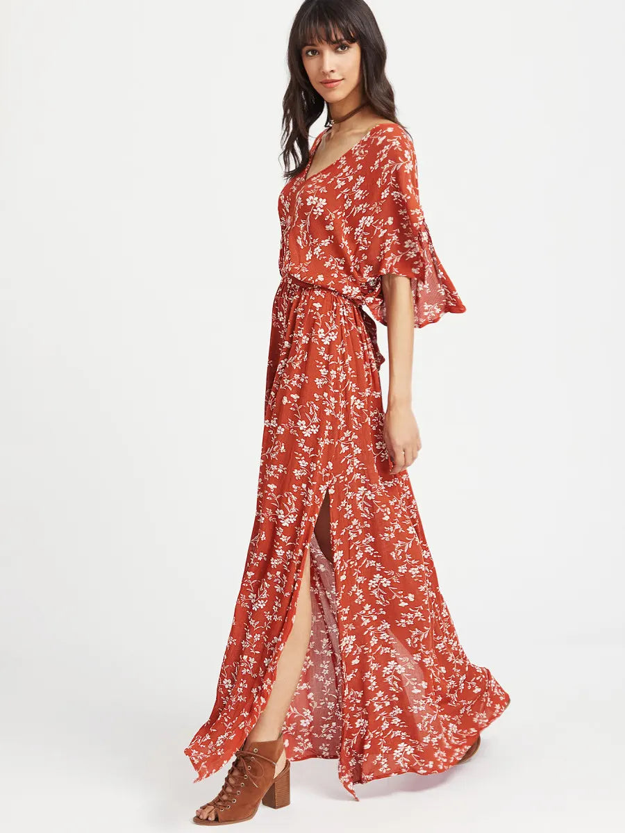 Split Tie-Waist Vintage Floral Maxi Dress