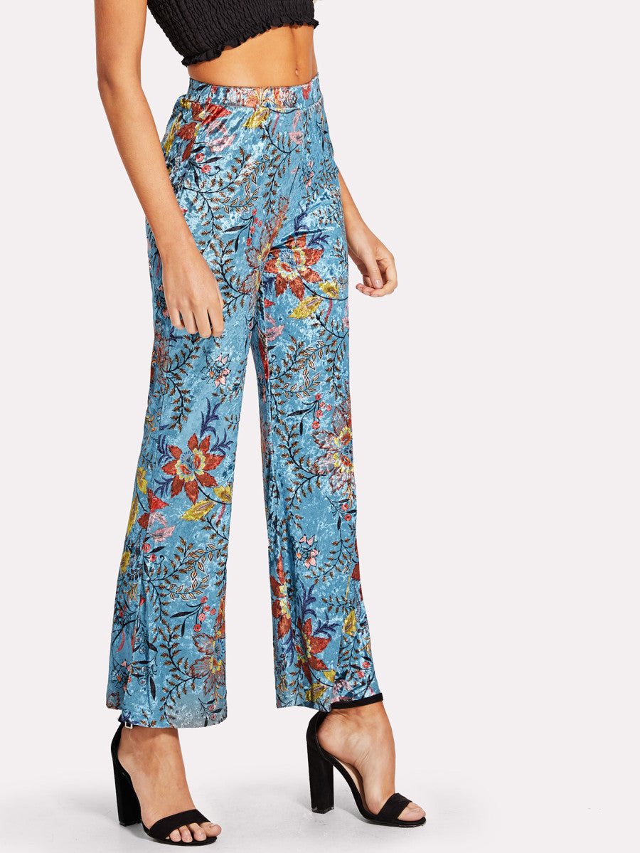 Wide Leg Floral Velvet Pants