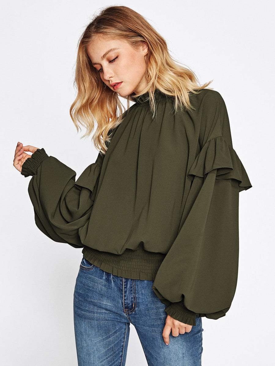 Frill Trim Bishop Sleeve Smocked Hem Blouse