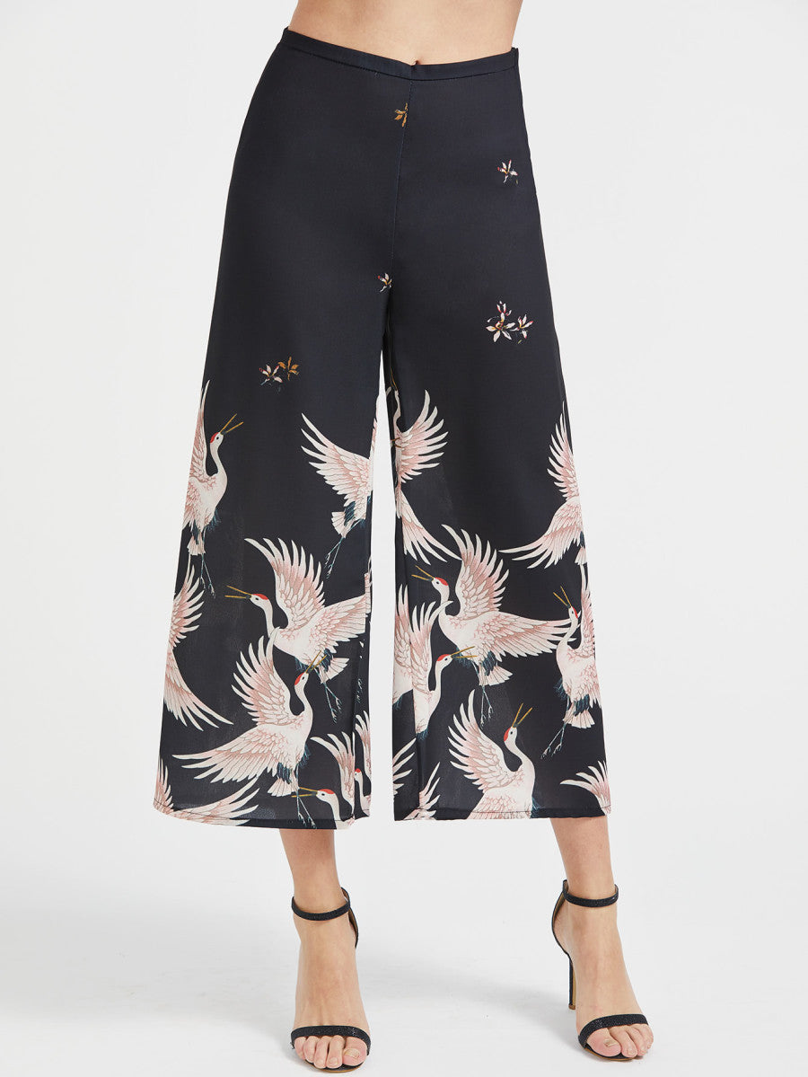 Crane Print Wide Leg Pants