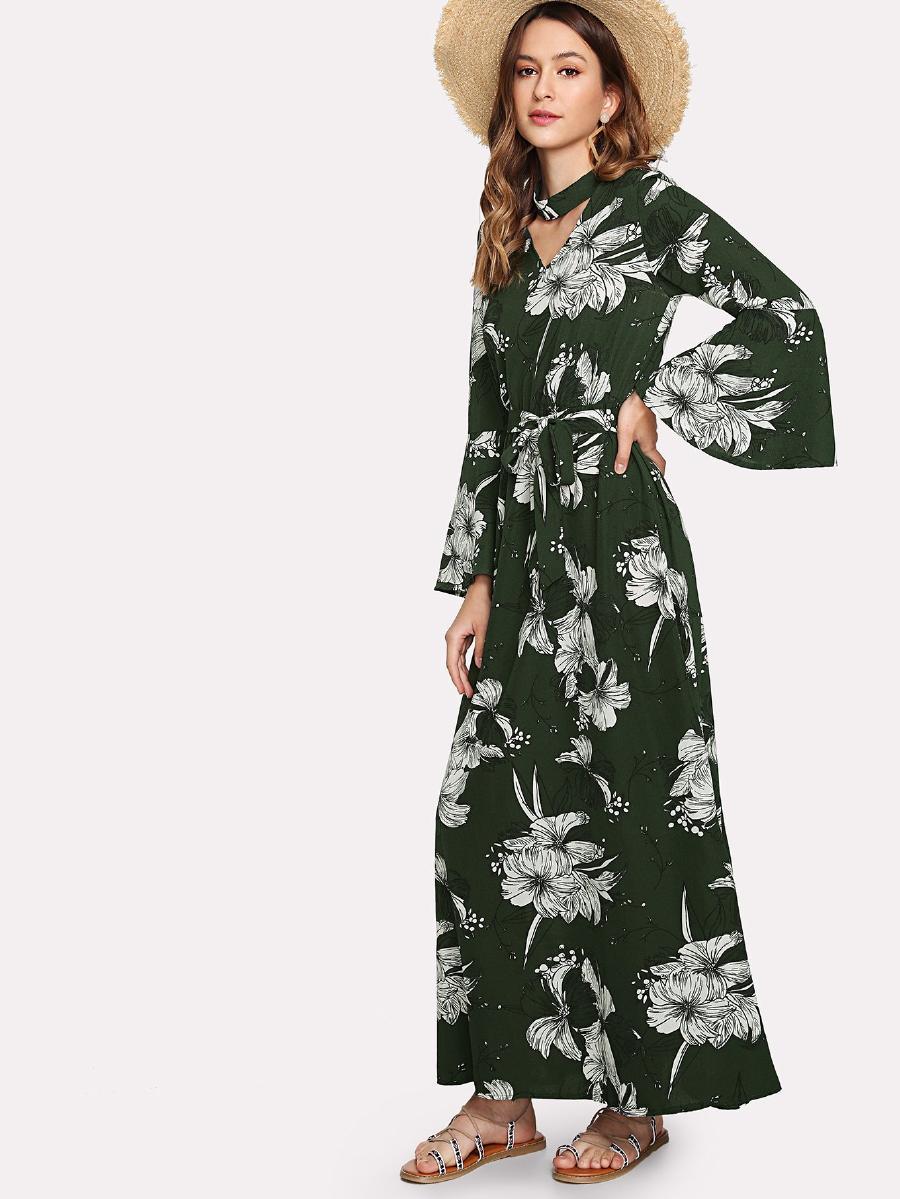 Cut Out Neck Florals Self Tie Dress