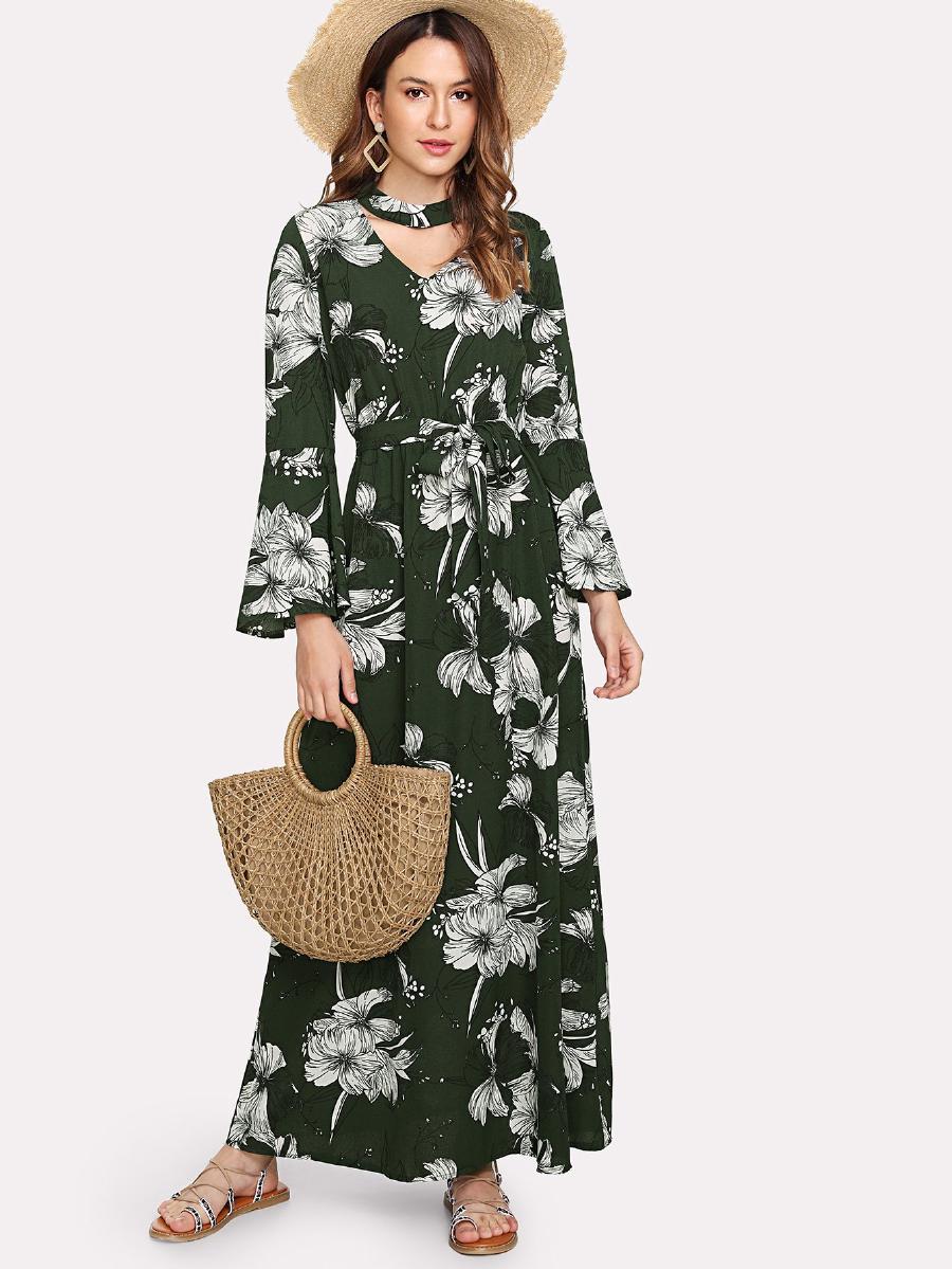 Cut Out Neck Florals Self Tie Dress