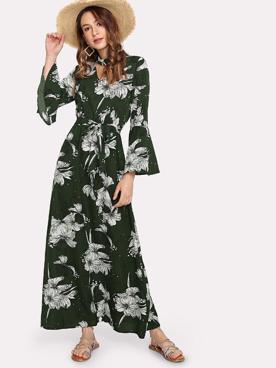 Cut Out Neck Florals Self Tie Dress