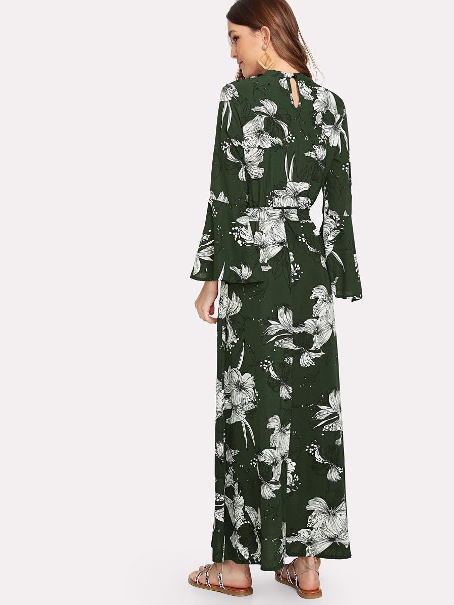 Cut Out Neck Florals Self Tie Dress