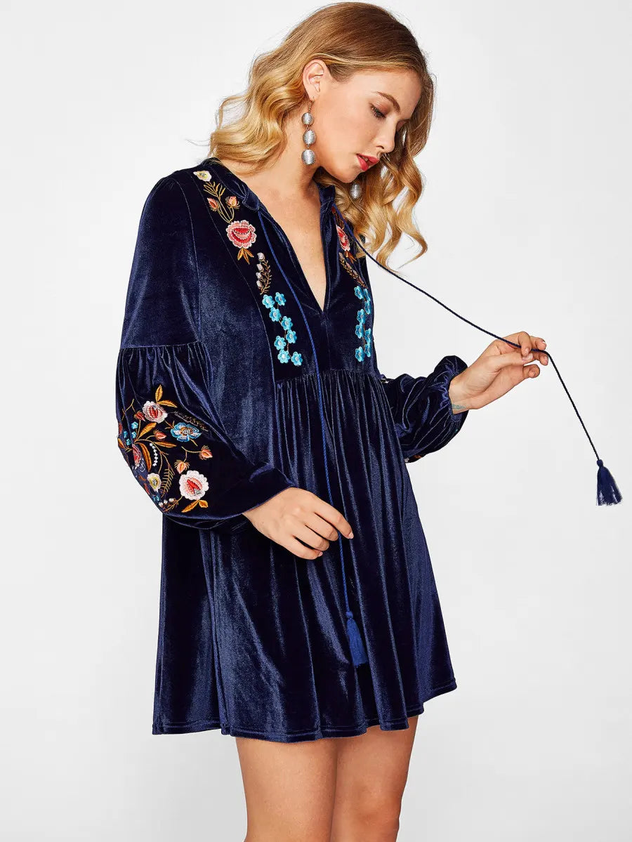Embroidered velvet poof sleeve dress 3