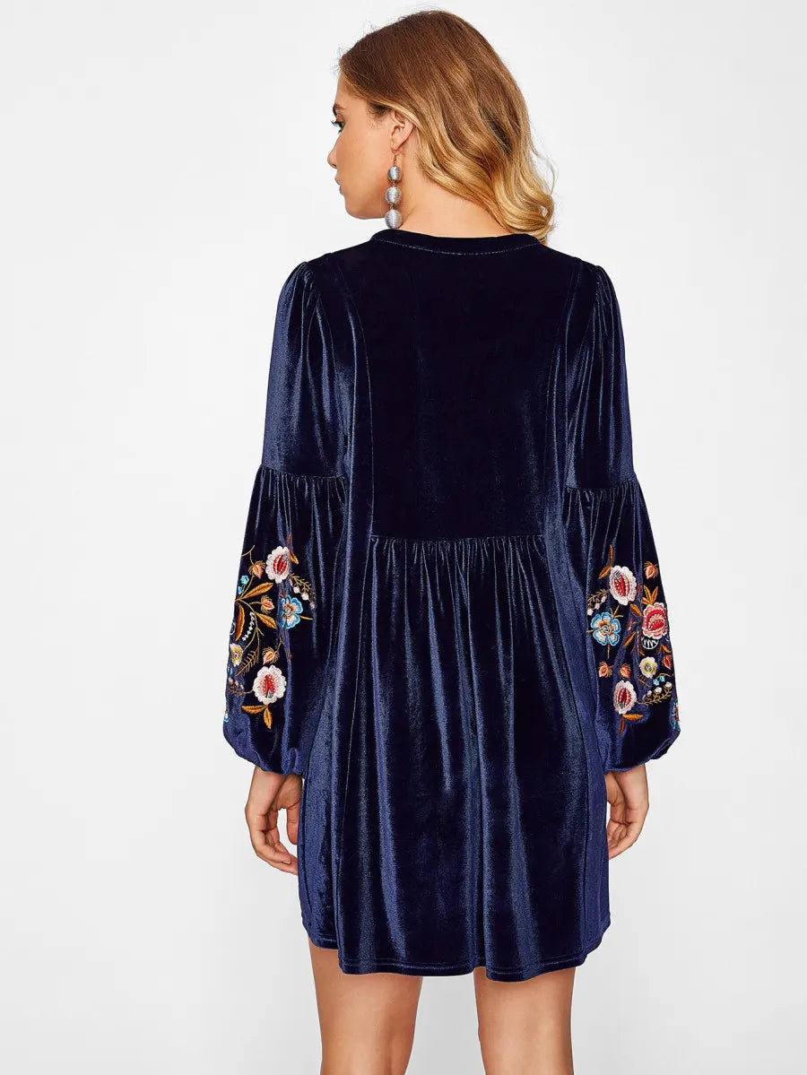 Embroidered Velvet Poof Sleeve Dress