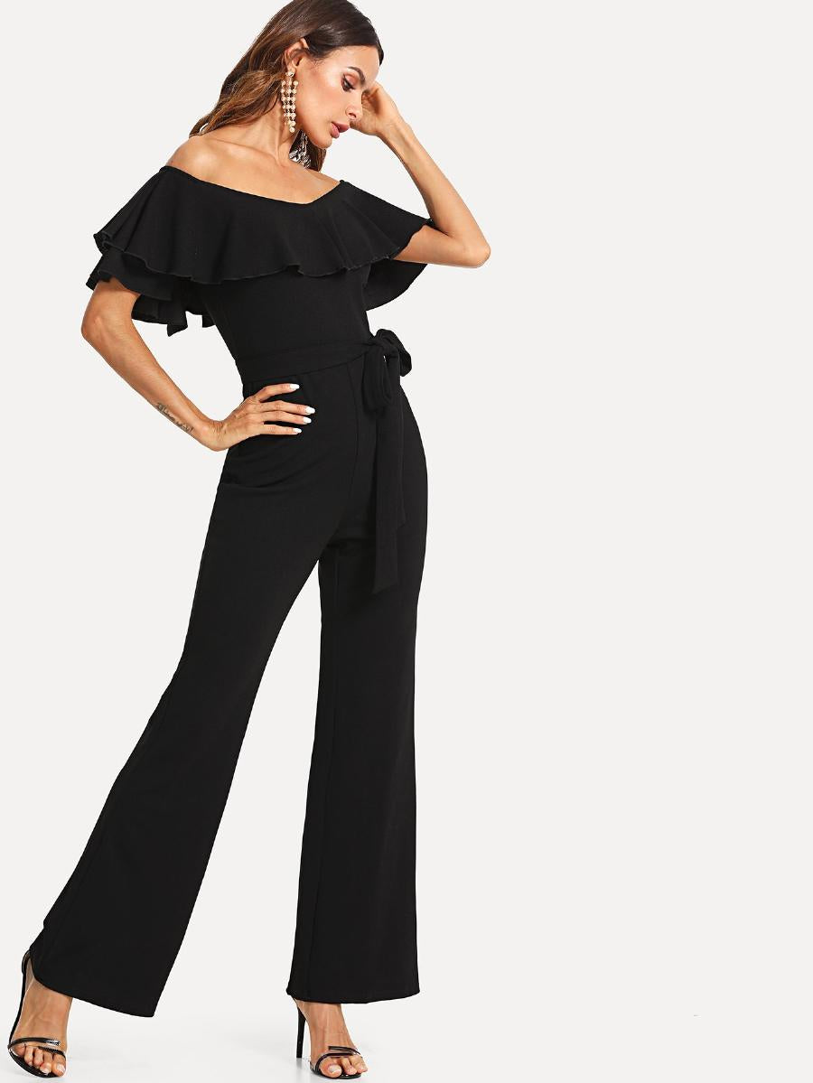 Flounce Off Shoulder Self Tie Jumpsuit
