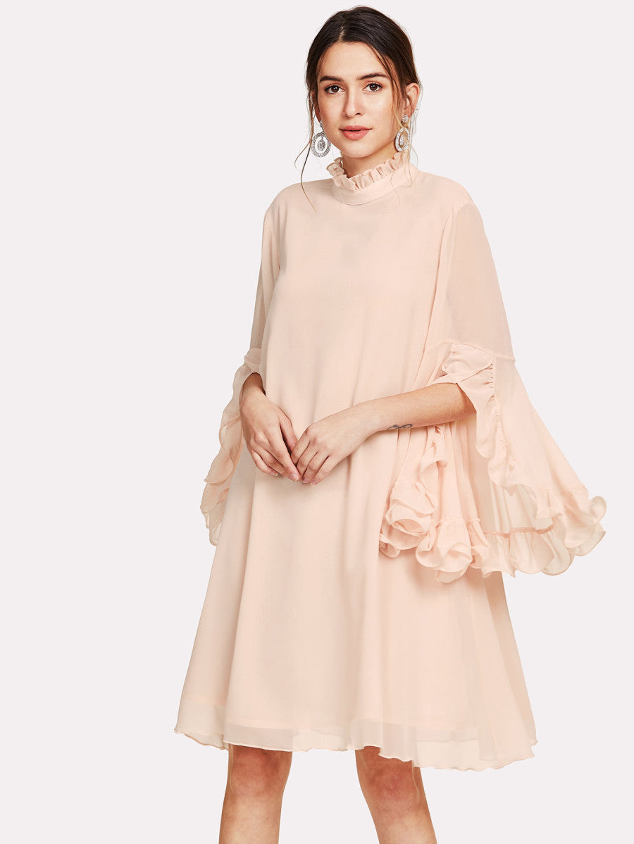 Frill Sleeve And Cuff Flowy Dress