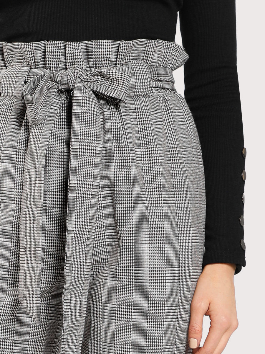 Pantaloni a Quadri con Vita Arricciata e Fiocco