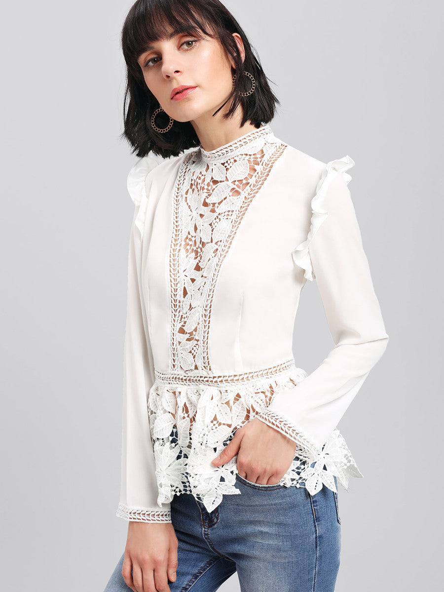 Frilled Shoulder Lace Insert Peplum Top