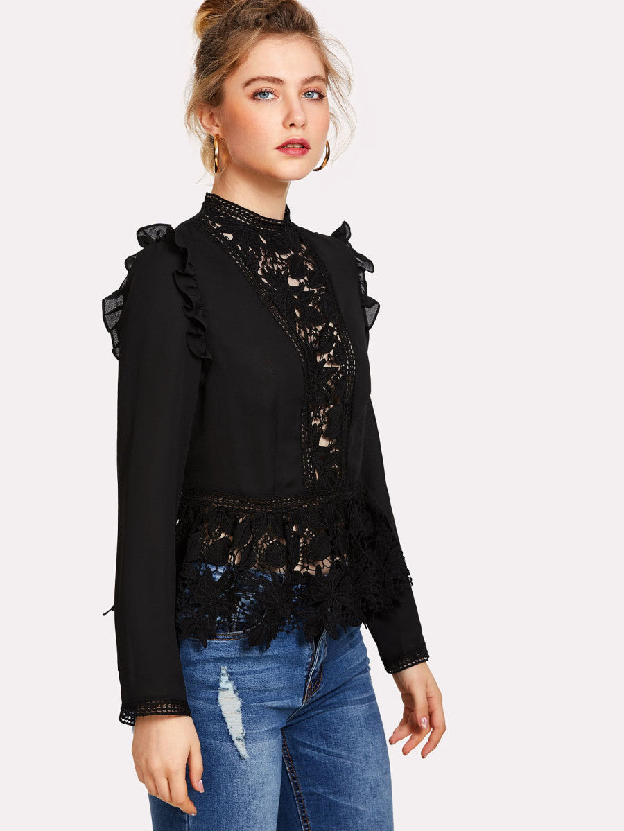 Frilled Shoulder Lace Insert Peplum Top