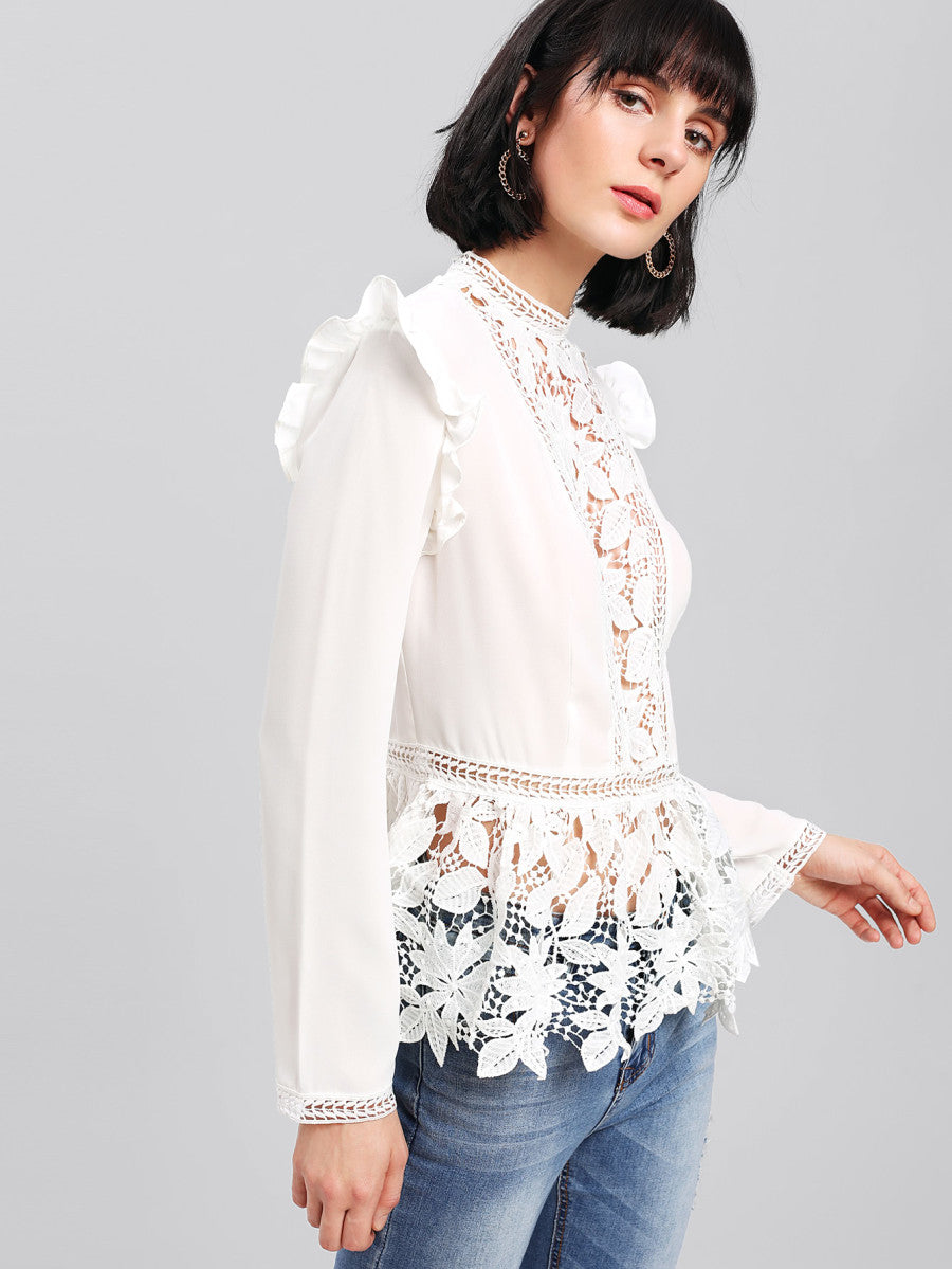 Frilled Shoulder Lace Insert Peplum Top