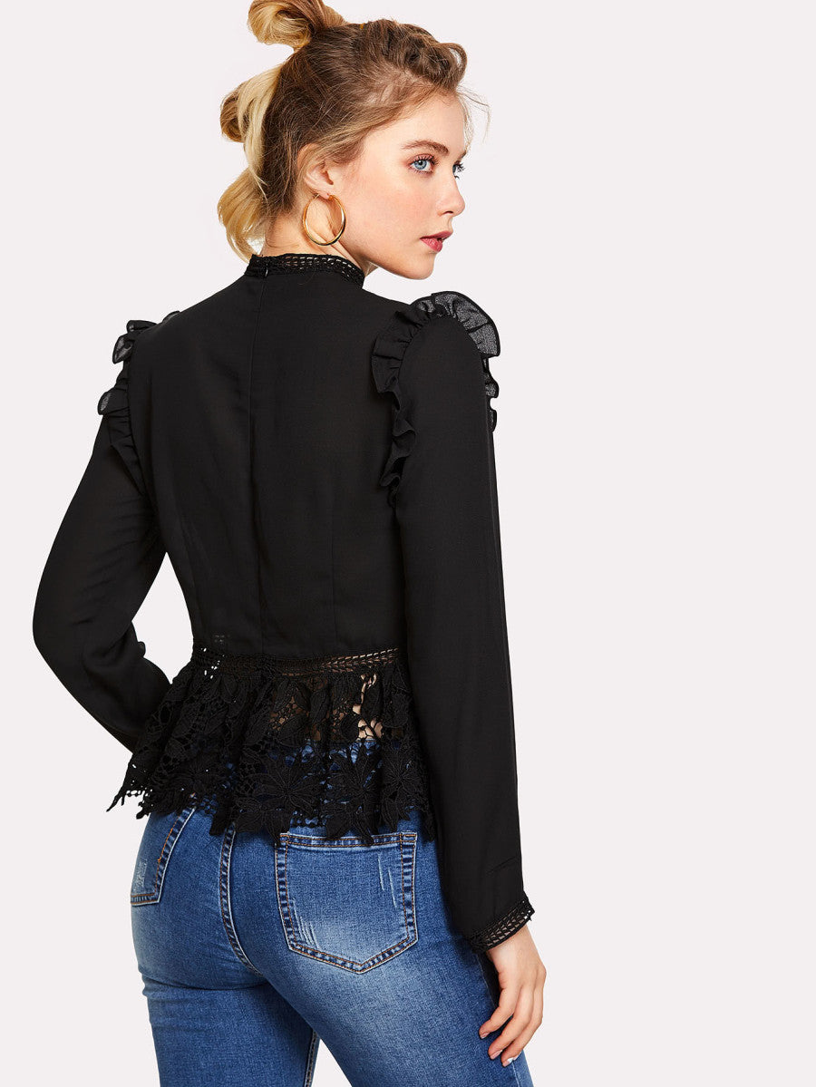 Frilled Shoulder Lace Insert Peplum Top