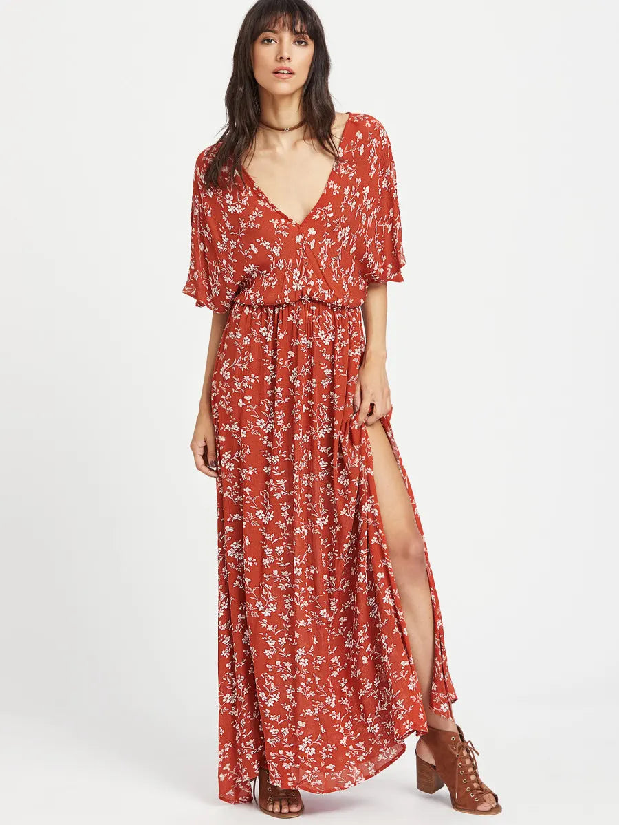 Split Tie-Waist Vintage Floral Maxi Dress