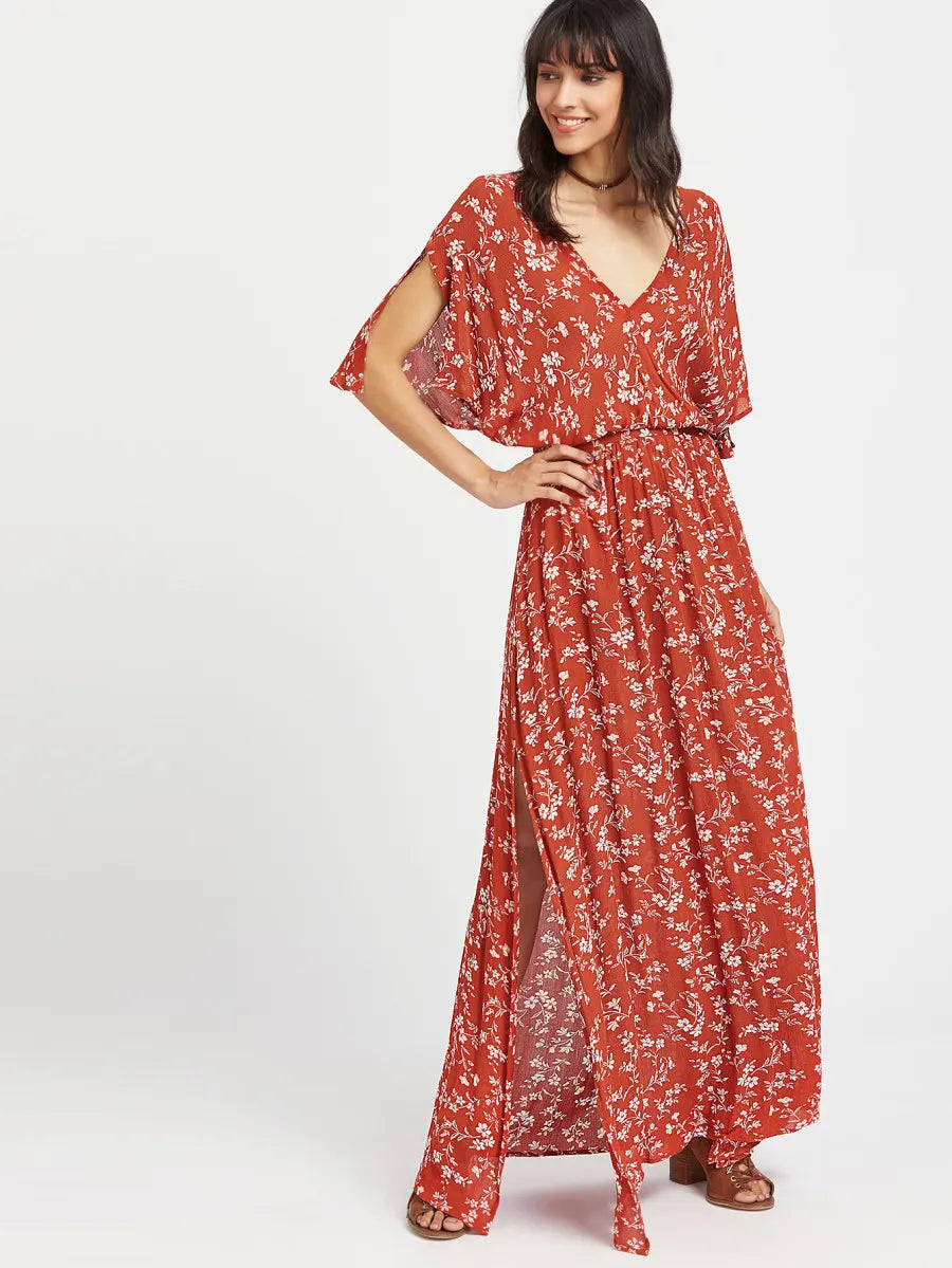 Split tie waist vintage floral maxi dress 3