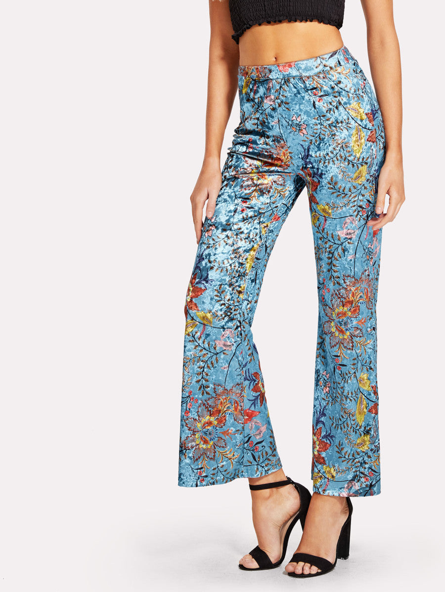 Wide Leg Floral Velvet Pants
