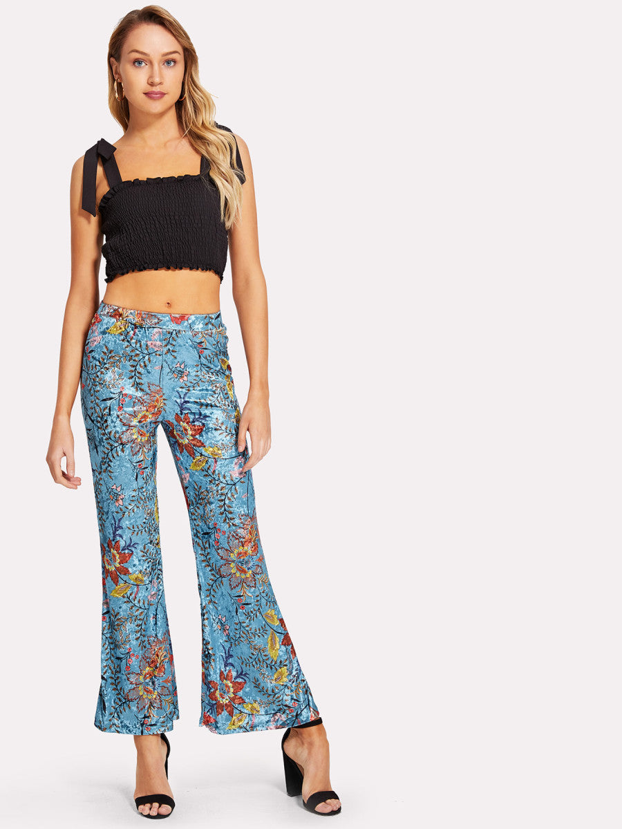 Wide Leg Floral Velvet Pants