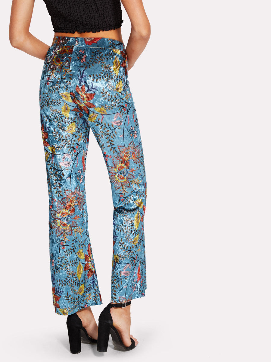 Wide Leg Floral Velvet Pants