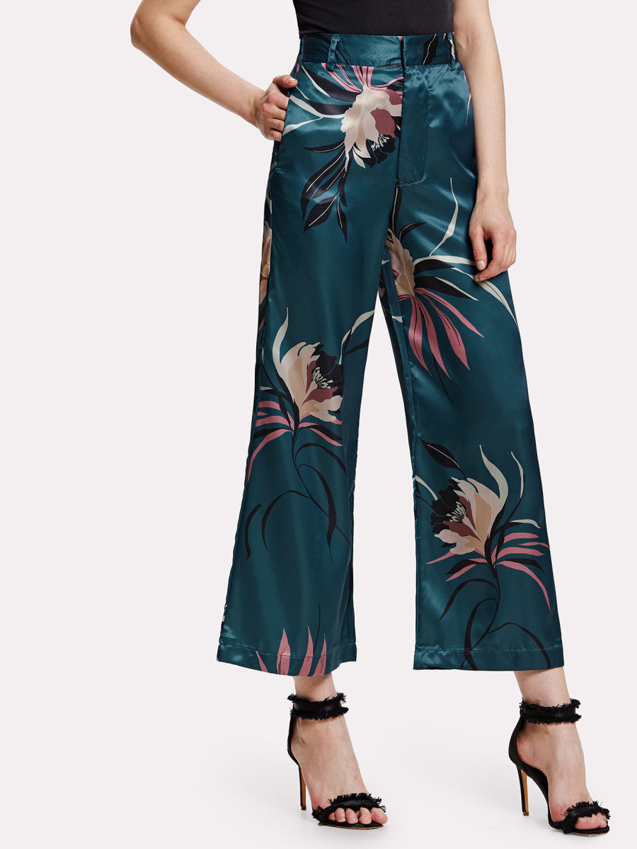 Botanical Print Wide Leg Pants
